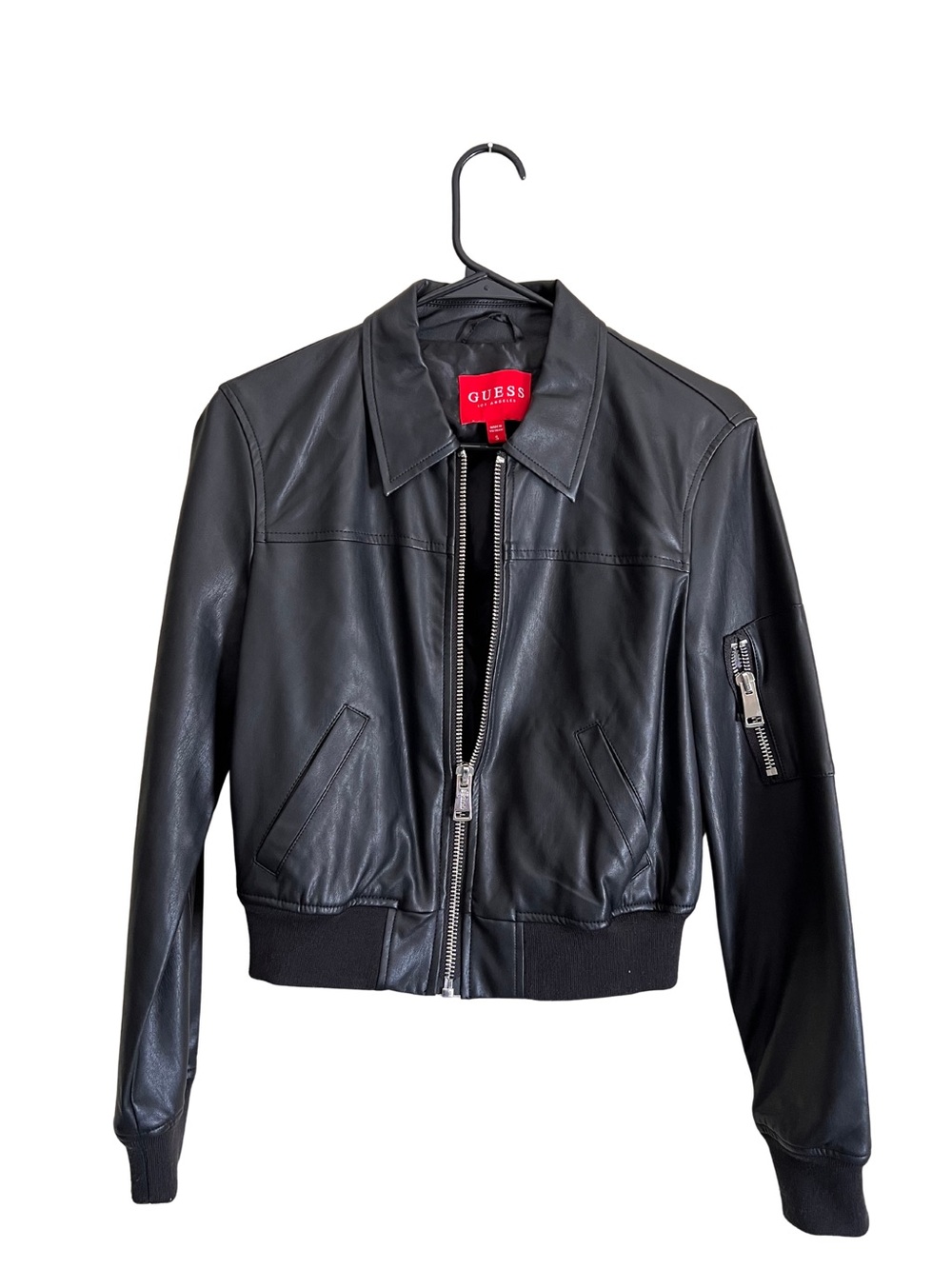 GUESS Black Leather Zip-Front Bomber Jacket
